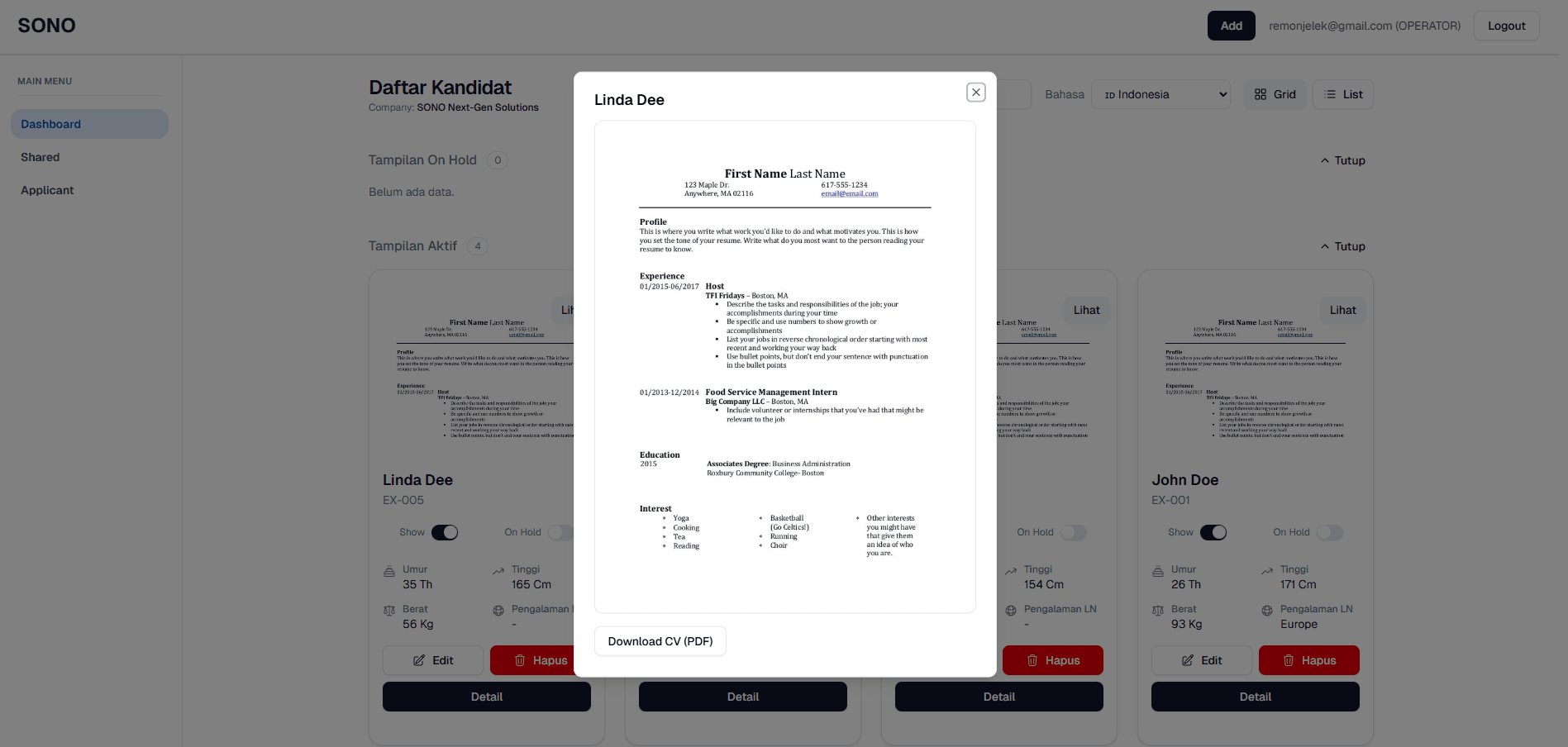 Candidate profile view